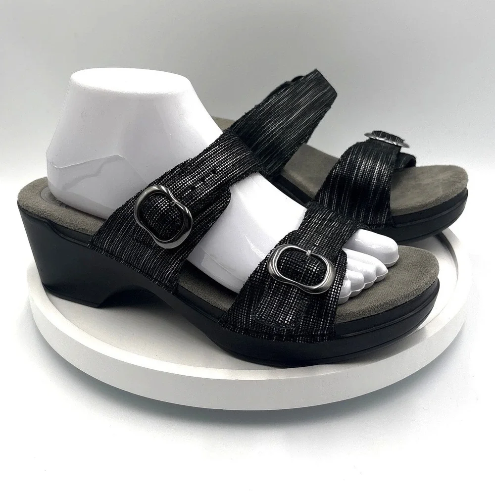 Dansko Black Metallic Striped Leather Wedge Slide Sandals 9841020200 Womens 40